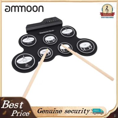 ammoon Portable Electronic Drum Roll Up Silicone Drum Kit Built in Speaker 7 Drum Pads 5 Drum Tones 8 Demo Songs MP3 Input with Drumsticks Foot Pedal for Kids Beginners