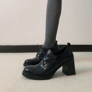 Free Shipping Small Leather Shoes Chunky Heel Square Heel WomenS Shoes New Autumn Styles Lace-Up Thick-Soled Flats Versatile For Spring And Autumn WomenS Outdoor Flats