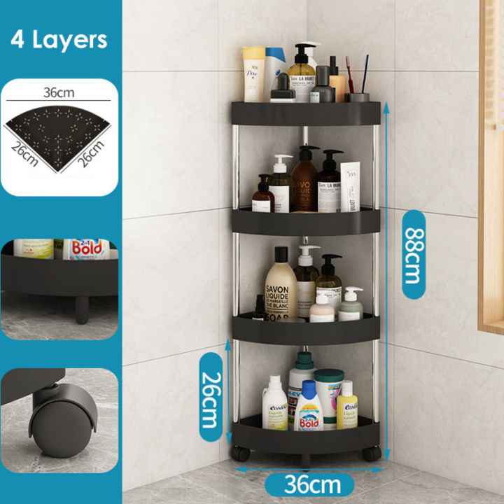 Movable Bathroom Corner Triangle Shelf Floor-Standing 4 Tier Storage ...