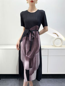 L-790# One Size (45-75kg) Summer Womens Printed Mid-Length Lace-Up Pleated Dress Split