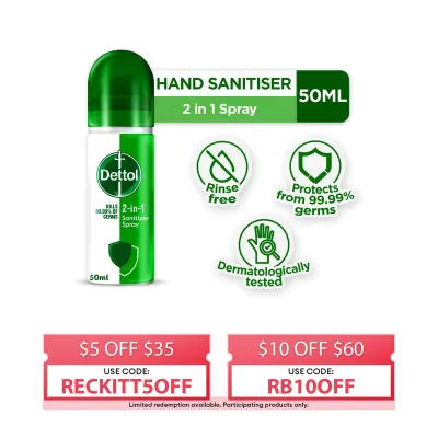 Dettol Instant 2-in-1 Sanitizer Spray 50ml (Equally protects both hands and surfaces)- New Launch