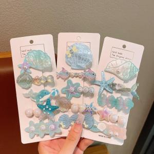 5-Piece Ocean Theme Hair Clips Set Waterproof Blue Seashell Starfish Mermaid Princess Design Hair Accessories for Girls