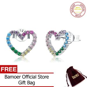 BAMOER Pink Heart Stud Earrings for Women 925 Sterling Silver Rainbow Ear Studs Jewelry Birthday Gifts SCE891