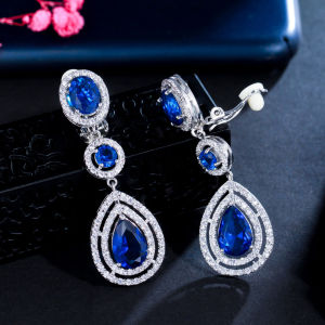 SEQUITO Elegant Women Non Pierced Ear Jewelry White Gold Plated Pave Setting AAAAA Cubic Zircon Red Crystal Stone Waterdrop Pendant Long Clip Earrings SE864