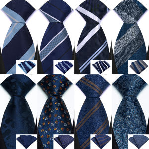 New Mens Tie Navy Gray Floral Stripes Dot Hanky Necktie Set Classic Necktie for Men Wedding Party Business Mens Accessories Gift