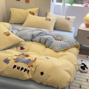 ins Cream Towel Embroidered Washed Cotton Four-piece Set a Girly Student Dormitory Bed Sheet Three-Piece Set Cartoon Duvet Cover LZD