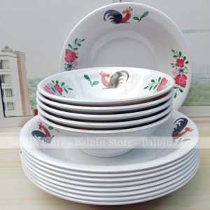 paket lengkap 6 pcs isi 3 piring ukuran 9.inc + 3 mangkuk ukuran 7 inc melamine ware motif ayam