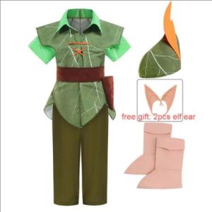 Disney Fairy Movie Peter Pan Costume For Kids Boy Green Top Pants Elf Ears Cosplay Carnival Halloween Birthday Party Clothes Set