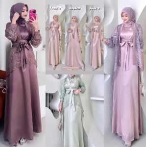 [ORIGINAL] - Ready Burgundy One Set Veloxa Dress Kondangan Busui Mewah Gamis Muslim Satin Dress Pesta Brukat Busui Ready