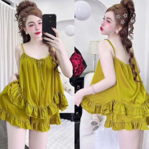 Đồ Ngủ Nữ HEUN YOUNG Bộ Lụa 2 Dây Quần Đùi Phối Bèo Lụa Latin Mềm Mịn Mặc Nhà Dễ Thương 45-65kg