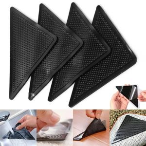 4Pcs Reusable Triangle Non-slip Rubber Mat Washable Rug Gripper Stopper Sticker Black Corners Floor Rug Mat Tape Gripper