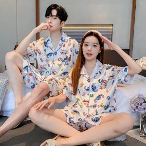 Summer Stitch Couple Pajamas Anime Kawaii Women Men Cartoonice Silk Fashion Lapel Short Sleeve Shorts Homewear Casual Clothes