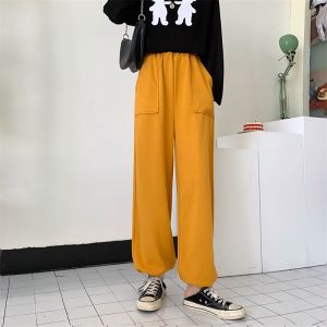 8 Warna Celana Panjang Wanita Pinggang Tinggi Longgar Celana Olahraga Polos Hem Dapat Ditarik