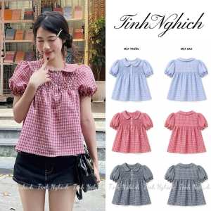 Áo kiểu nữ chất Kate - Thiết kế tay bồng bo chun form babydoll sọc caro cài nút nhún chun ngực cổ bẻ