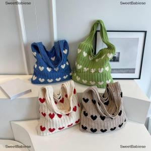 [COD] SweetBabiese กระเป๋าโท้ทถักลายรูปหัวใจรักกระเป๋าสะพายไหล่แฟชั่นกระเป๋าถักโครเชต์สวยงามสำหรับผู้หญิง