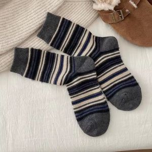 6Pairs Autumn Winter Warm Blocking Stripe Socks for Women Mink Plush Cozy Fluffy Soft Mid-Calf Cotton Thermal Socks Korean Casual Socks
