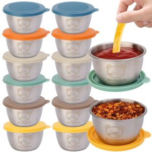 6/12Pcs 304 Stainless Steel Salad Dressing Container To Go Salad Dressing Jar with Lid Barbecues Seasoning Sauce Cup Kitchen Small Condiment Container Storge Box