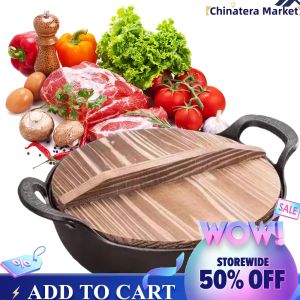 【Chinatera】 Iron Pot with Lid & Dual Handle Flat Bottom Stir Fry Pan Non Stick Heavy Dutch Soup Pot for Gas Induction Cooker