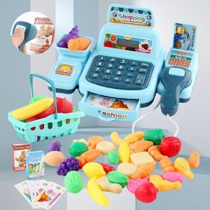 Kids Mini Simulation Cash Register Toy – Supermarket Checkout Role Play Set with Paper Money Fruits & Food Parent-Child Interactive Pretend Play Toy