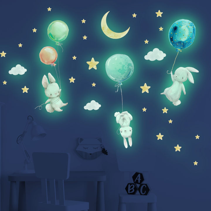 Luminous Bunny Balloons Stars Wall Stickers Glow in the Dark Kids Room