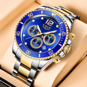 LIGE Watches For Men Casual Stainless Steel 24 Hour Moon Phase Men Watch Waterproof Sport Chronograph Quartz Watch + Box
