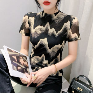Yimei Áo thun họa tiết sóng Retro thời trang nữ 2023 mùa hè dáng ôm mới mỏng nửa cổ cao tay ngắn áo lưới nữ