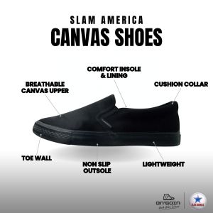 Slam America Canvas Slip On Basic Black School Shoes Size 34-46 Kasut Canvas Sekolah Hitam By OnGoin Official