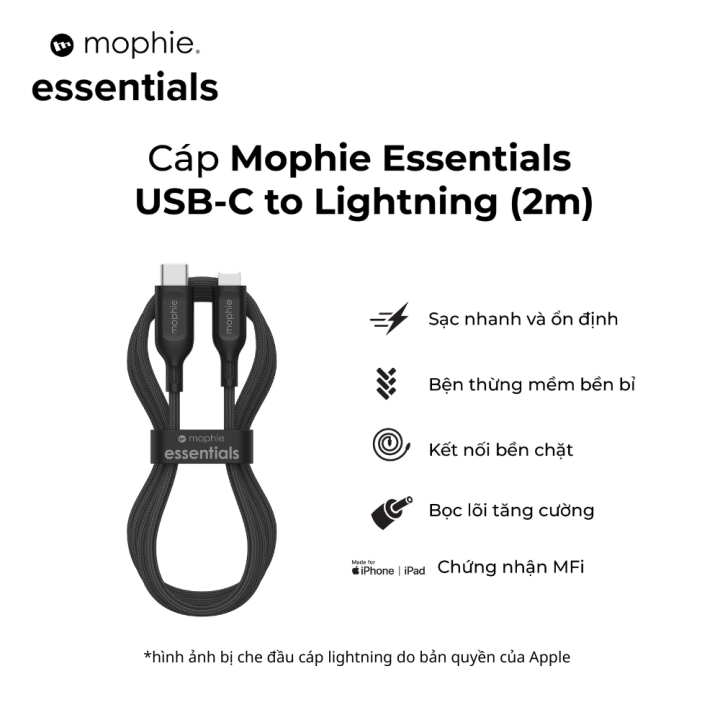 Cáp Mophie Essentials USB-C to Lightning 1m/2m có MFi dành cho iPhone ...