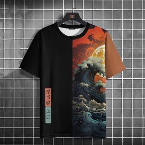 ZEEMIN  New Ukiyo-E Mens T-Shirt 3d Wave Print Short Sleeve T-Shirt Top Fashion Patchwork Man Clothes Retro Loose Oversized Tee For Men
