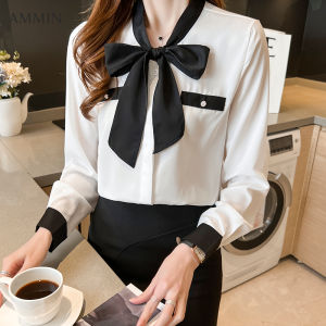 AMMIN womens  new fashion V-neck with lace-up bow commuter chiffon shirt of korean style early spring autumn long sleeve fake pocket design single breasted elegant blouse female ins tops