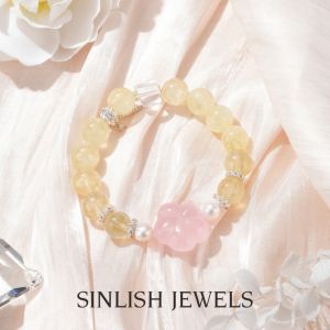SINLISH Natural Yellow Crystal Bracelet with Pink Flower Charm Elegant Womens Jewelry Gift & Blessing Crystal