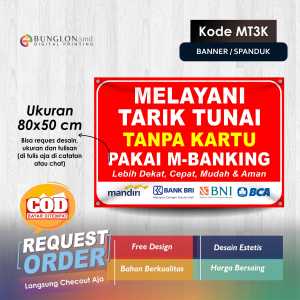 Spanduk Banner Melayani Tarik Tunai Tanpa Kartu Pakai M Banking Kode Mt3k Merah