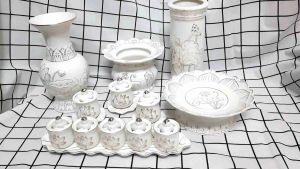 [Tặng kèm 1 cặp Tài Địa]_Combo thờ cúng Ông Địa Thần Tài bạch ngọc lư hứng tàn sen nổi viền vàng_Combo lớn như hình