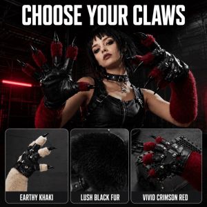COLORF Plush Furry Fursuit Kigurumi Gloves Thicken Cartoon Cat Dog Wolf Animal Paw Gloves Faux Fur Warm Punk Leather Gloves Cosplay Costume