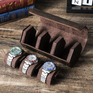 หนังเครซีฮอร์สของผู้ชายย้อนยุคทำด้วยมือตัวเรือนหกเหลี่ยม3ช่องใส่นาฬิกาเดินทางคุณภาพสูงกล่องเก็บของ