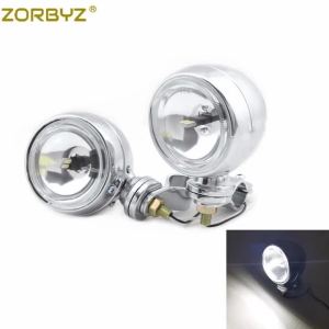 ZORBYZ Motorcycle Chrome Metal LED Round Passing Spot Fog Light With Roll Cage Guard Bar Tube Mount Bracket Clamp For Motorcycle
