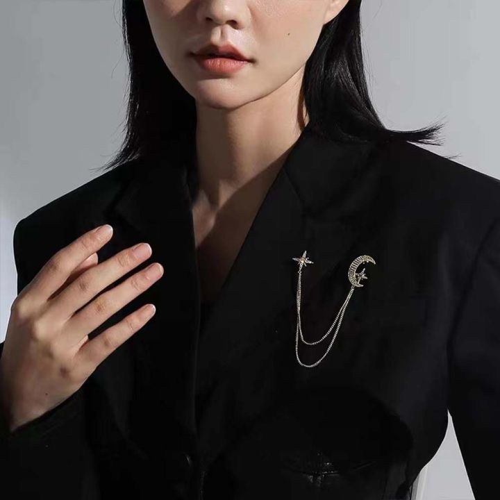 LIHUA โรแมนติก ผู้ชาย ของขวัญ ดวงจันทร์ดาว เข็มกลัดเสื้อสูท โซ่พู่ พลอย ...