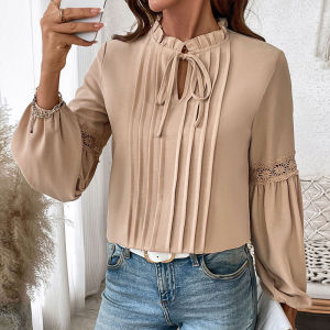 G7 new v Collared Elegant Shirt Top European and American Cross-Border Autumn Solid Color Casual Tie V Collar Shirt for Women 7/7