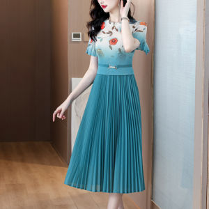 Miyake 2025 Summer New Womens Fashion Pleated Elastic Loose Plus Size Oversize Rose Print Round Neck Fake Two-Piece Patchwork Slim Fit Mid-Length Dress for Women