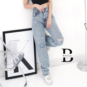 [BAYLE] - 1026 LR JEANS | Celana Panjang Wanita Jeans Ripped Tembus Loose Jeans Baggy Jeans