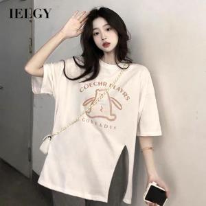 IELGY cute k Korean style split short-sleeved T-shirt womens loose all-match