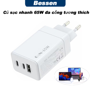 Bộ Sạc Nhanh GaN PD 65W 3 Cổng USB & Type-C Nhỏ Gọn Sạc Nhanh Cho iOS Android Laptop & Smartphone