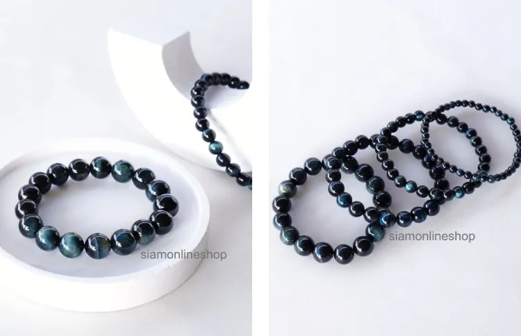 DARK BLUE TIGEREYE หินไทเกอร์อาย สีน้ำเงินเข้ม (เลือกขนาดเม็ดหินได้) สร้อยข้อมือ หินแท้