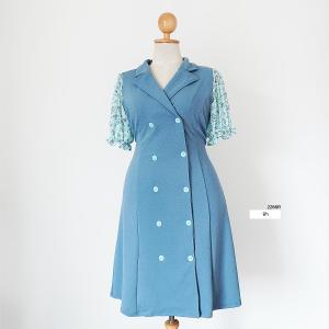 2266R เดรสผ้ายืดมูลเวฟคอปกเทลเลอร์เเขนตุ๊กตาชีฟองลายกุหลาบเล็ก