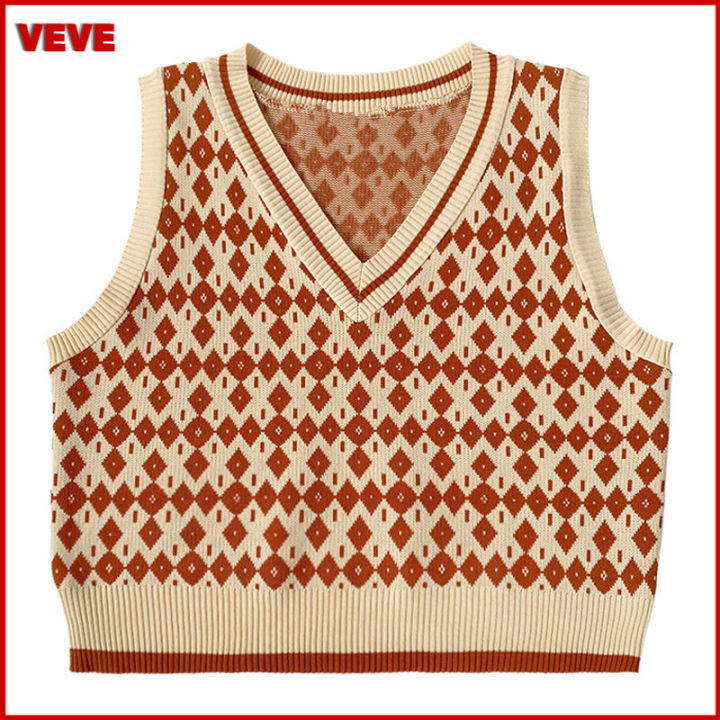 🦋 VEVE Knitted Vests Tops For Women Sleeveless Sweater Vest V Neck Plaid  Knitted Vest College Style Sleeveless Top Lazada PH