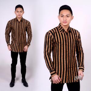 Baju Kemeja Batik Pria Pesta dan Kerja Lengan Panjang Motif Lurik Cokelat