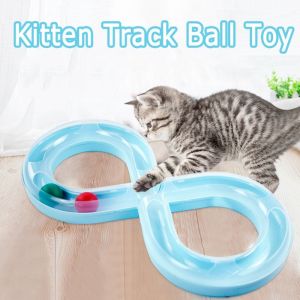 QUESU ตลก รางเล่นแมว รูปทรง 8 ดีไซน์อุโมงค์ ของเล่นแมวแบบโต้ตอบ แทร็ก แผ่นเสียง พลาสติก แผ่นเสียงสำหรับสัตว์เลี้ยง ออกกำลังกาย