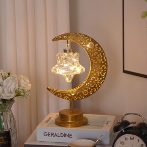 Crescent Moon LED Table Lamp Hollow Design Rattan Shade Retro Vintage Night Light Ramadan Party Home Decor Raya