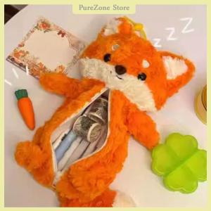 [PureZone] Cute Plush Pen Bag Cartoon Fox Doll Pencil Case Large Capacity Stationery Organizer Students