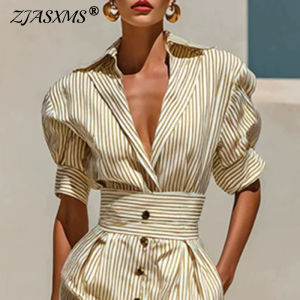 Vintage Vertical Stripe Shirt Dress Women Turn Down Collar Puff Sleeve High Waist Dress Belted Button Pocket Resort Travel Dress2026